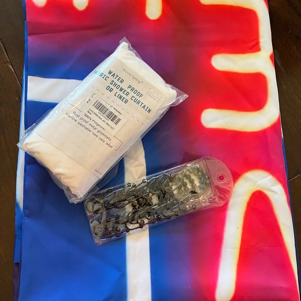 LIVE NUDES neon shower curtain, fabric liner & shower rings. Brand new